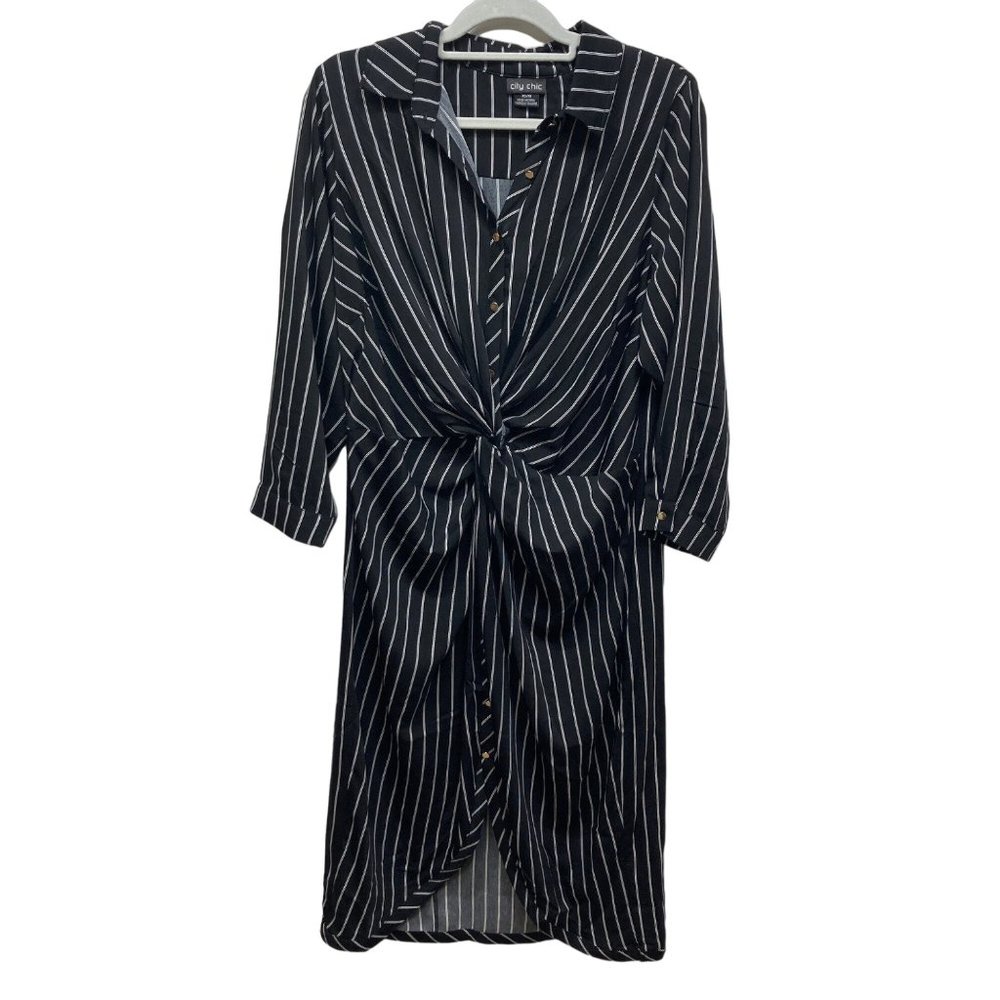 City Chic black white striped front knot gathered dress 14 xs